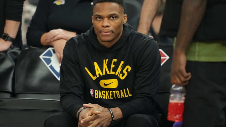 Apr 7, 2022; San Francisco, California, USA; Los Angeles Lakers guard Russell Westbrook (0) sits on the bench before the game against the Golden State Warriors at Chase Center. Mandatory Credit: Darren Yamashita-USA TODAY Sports