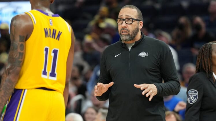 Apr 7, 2022; San Francisco, California, USA; Los Angeles Lakers assistant coach David Fizdale talks to guard Malik Monk (11) during the fourth quarter against the Golden State Warriors at Chase Center. Mandatory Credit: Darren Yamashita-USA TODAY Sports