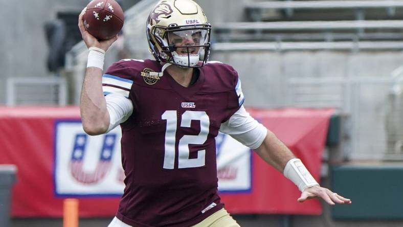 Apr 17, 2022; Birmingham, AL, USA; Michigan Panthers quarterback Paxton Lynch (12) looks to pass against Houston Gamblers at Protective Stadium. Mandatory Credit: Marvin Gentry-USA TODAY Sports