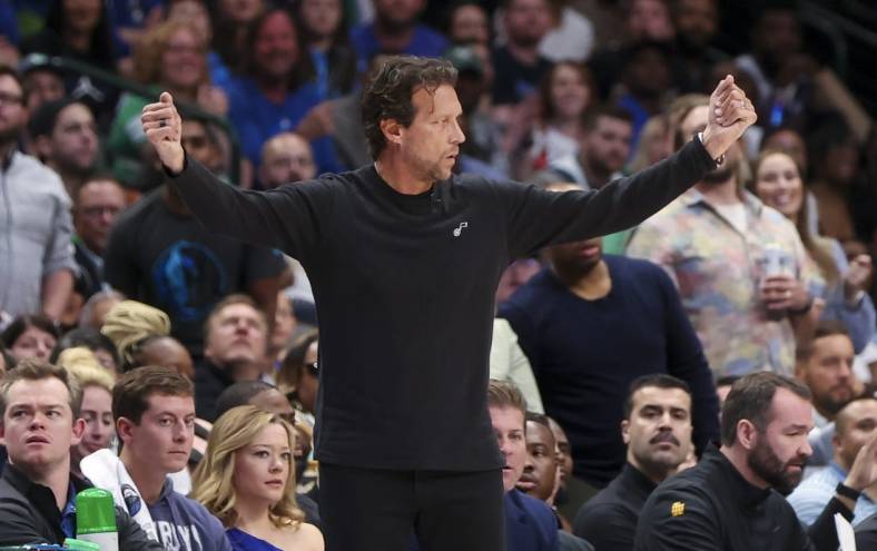 Apr 18, 2022; Dallas, Texas, USA; Utah Jazz head coach Quin Snyder reacts during the second quarter against the Dallas Mavericks in game two of the first round of the 2022 NBA playoffs at American Airlines Center. Mandatory Credit: Kevin Jairaj-USA TODAY Sports