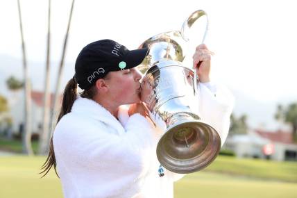 Jennifer Kupcho kisses the trophy after winning the Chevron Championship at Mission Hills Country Club in Rancho Mirage, Calif., on Sunday, April 3, 2022.

Chevron Championship Final Round769