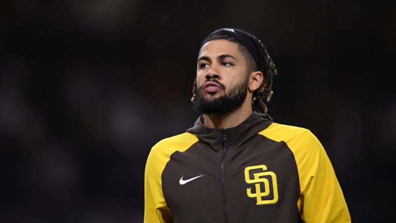 Apr 19, 2022; San Diego, California, USA; San Diego Padres shortstop Fernando Tatis Jr. (23) looks on after the game against the Cincinnati Reds at Petco Park. Mandatory Credit: Orlando Ramirez-USA TODAY Sports