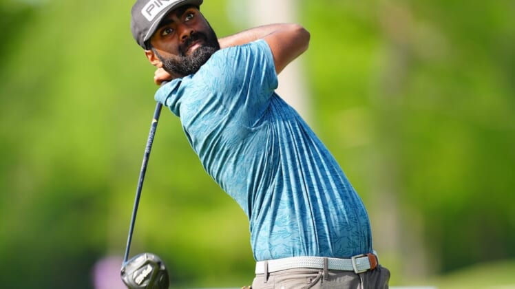 Apr 21, 2022; Avondale, Louisiana, USA; 	Sahith Theegala plays from the 13th tee during the first round of the Zurich Classic of New Orleans golf tournament. Mandatory Credit: Andrew Wevers-USA TODAY Sports