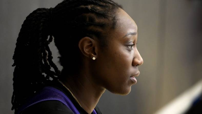 Apr 21, 2022; Phoenix, Arizona, USA; Phoenix Mercury center Tina Charles talks to the press at Verizon 5G Performance Center. Mandatory Credit: Cheryl Evans/The Republic via USA TODAY NETWORK