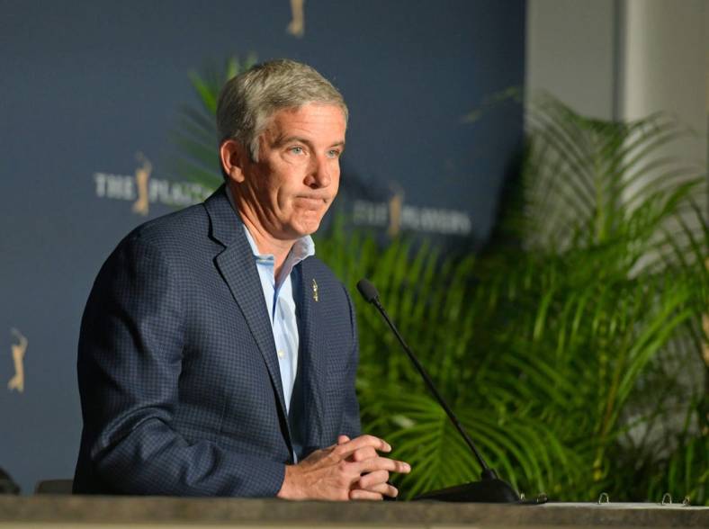 PGA Tour Commissioner Jay Monahan talks about the decision to cancel the last three days of The Players Championship because of the coronavirus during a press conference Friday, March 13, 2020 in Ponte Vedra Beach, Florida. [Will Dickey/Florida Times-Union]

Fljax 031320 2playersfrida