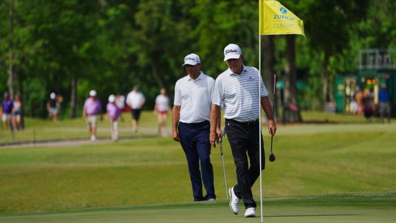 Apr 24, 2022; Avondale, Louisiana, USA; Jay Haas walks on the ninth green during the final round of the Zurich Classic of New Orleans golf tournament. Mandatory Credit: Andrew Wevers-USA TODAY Sports