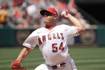 Apr 24, 2022; Anaheim, California, USA; Los Angeles Angels starting pitcher Jose Suarez (54) delivers a pitch in the second inning against the Baltimore Orioles at Angel Stadium. Mandatory Credit: Kirby Lee-USA TODAY Sports