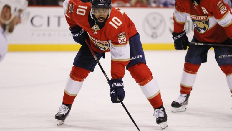 Apr 24, 2022; Sunrise, Florida, USA; Florida Panthers left wing Anthony Duclair (10) during the third period of the game against the Tampa Bay Lightning at FLA Live Arena. Mandatory Credit: Sam Navarro-USA TODAY Sports