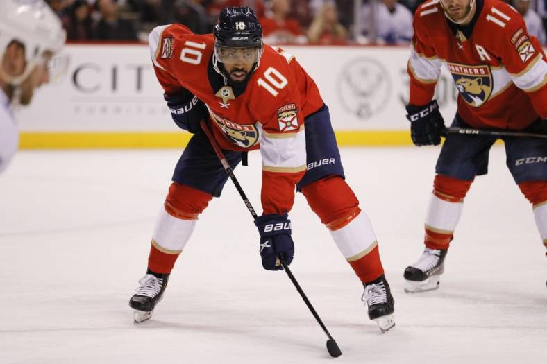 Apr 24, 2022; Sunrise, Florida, USA; Florida Panthers left wing Anthony Duclair (10) during the third period of the game against the Tampa Bay Lightning at FLA Live Arena. Mandatory Credit: Sam Navarro-USA TODAY Sports