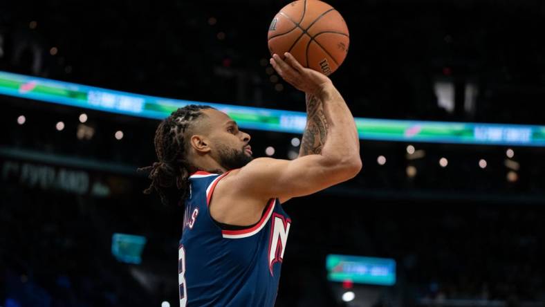 February 19, 2022; Cleveland, OH, USA; Brooklyn Nets guard Patty Mills (8) during the 3-Point Contest during the 2022 NBA All-Star Saturday Night at Rocket Mortgage Field House. Mandatory Credit: Kyle Terada-USA TODAY Sports