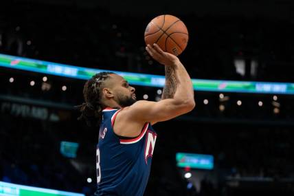 February 19, 2022; Cleveland, OH, USA; Brooklyn Nets guard Patty Mills (8) during the 3-Point Contest during the 2022 NBA All-Star Saturday Night at Rocket Mortgage Field House. Mandatory Credit: Kyle Terada-USA TODAY Sports
