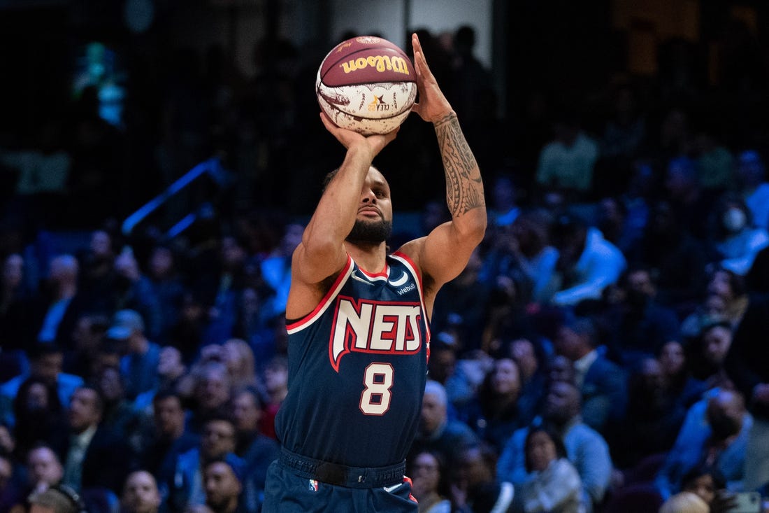 February 19, 2022; Cleveland, OH, USA; Brooklyn Nets guard Patty Mills (8) during the 3-Point Contest during the 2022 NBA All-Star Saturday Night at Rocket Mortgage Field House. Mandatory Credit: Kyle Terada-USA TODAY Sports