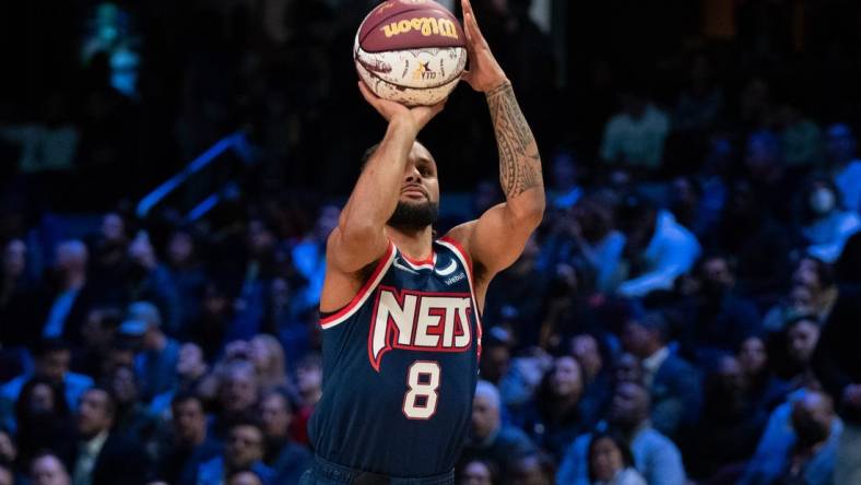 February 19, 2022; Cleveland, OH, USA; Brooklyn Nets guard Patty Mills (8) during the 3-Point Contest during the 2022 NBA All-Star Saturday Night at Rocket Mortgage Field House. Mandatory Credit: Kyle Terada-USA TODAY Sports