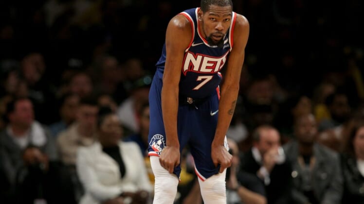 Apr 25, 2022; Brooklyn, New York, USA; Brooklyn Nets forward Kevin Durant (7) reacts during the second quarter of game four of the first round of the 2022 NBA playoffs against the Boston Celtics at Barclays Center. Mandatory Credit: Brad Penner-USA TODAY Sports
