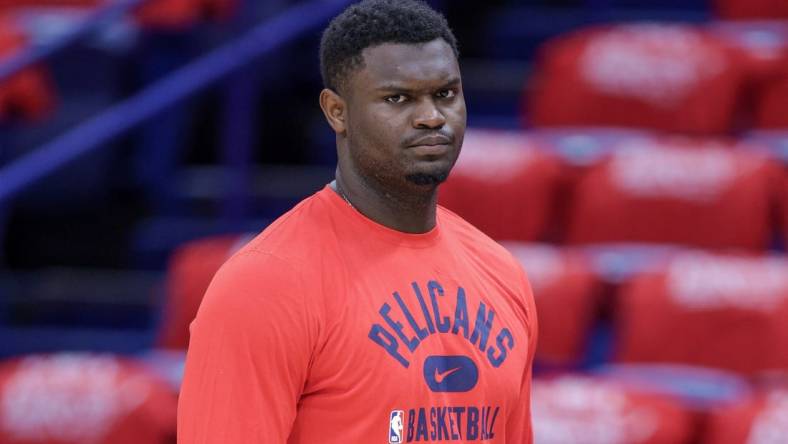 Apr 28, 2022; New Orleans, Louisiana, USA;   New Orleans Pelicans forward Zion Williamson (1) during warm ups before game six against the Phoenix Suns of the first round for the 2022 NBA playoffs at Smoothie King Center. Mandatory Credit: Stephen Lew-USA TODAY Sports