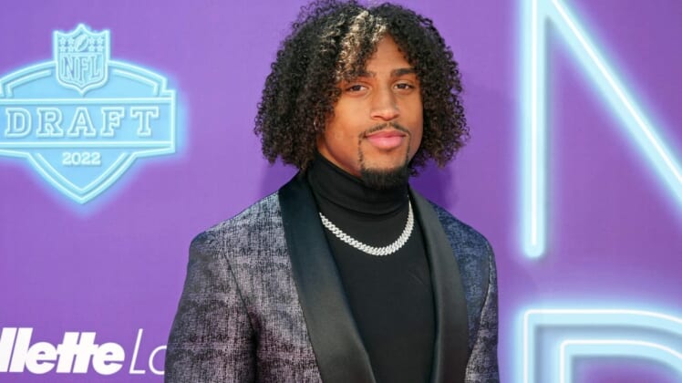 Apr 28, 2022; Las Vegas, NV, USA; Washington cornerback Kyler Gordon on the red carpet at the Fountains of Bellagio before the first round of the 2022 NFL Draft. Mandatory Credit: Kirby Lee-USA TODAY Sports