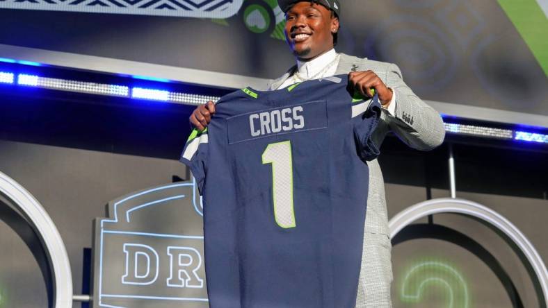 Apr 28, 2022; Las Vegas, NV, USA; Mississippi State offensive tackle Charles Cross after being selected as the ninth overall pick to the Seattle Seahawks during the first round of the 2022 NFL Draft at the NFL Draft Theater. Mandatory Credit: Kirby Lee-USA TODAY Sports