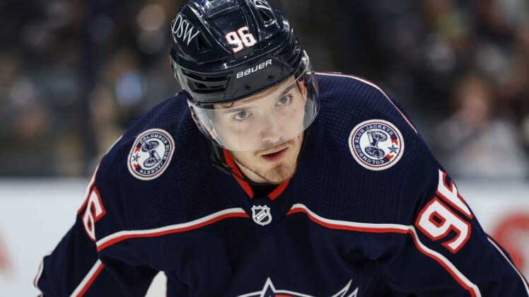 Apr 28, 2022; Columbus, Ohio, USA;  Columbus Blue Jackets center Jack Roslovic (96) waits for the face-off against the Tampa Bay Lightning in the first period at Nationwide Arena. Mandatory Credit: Aaron Doster-USA TODAY Sports