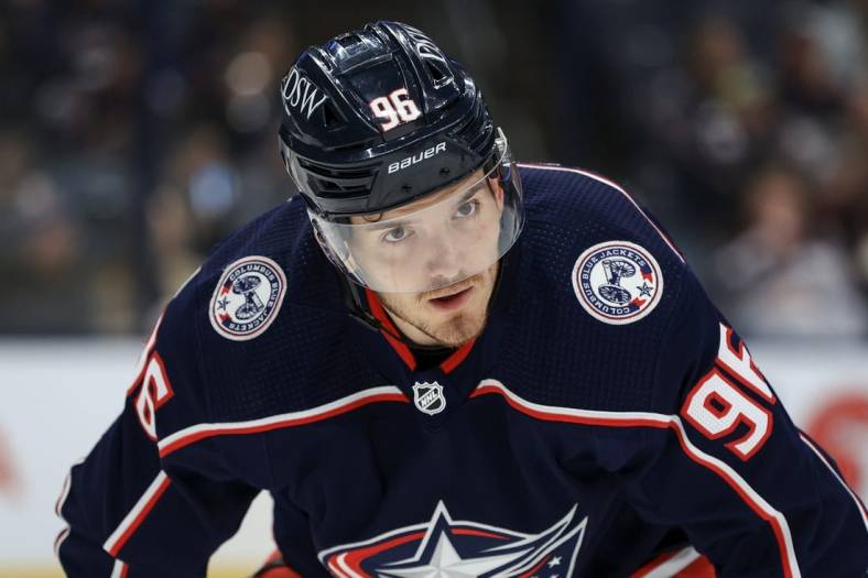 Apr 28, 2022; Columbus, Ohio, USA;  Columbus Blue Jackets center Jack Roslovic (96) waits for the face-off against the Tampa Bay Lightning in the first period at Nationwide Arena. Mandatory Credit: Aaron Doster-USA TODAY Sports