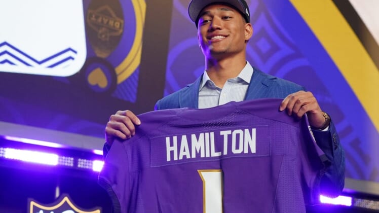 Apr 28, 2022; Las Vegas, NV, USA; Notre Dame safety Kyle Hamilton after being selected as the fourteenth overall pick to the Baltimore Ravens during the first round of the 2022 NFL Draft at the NFL Draft Theater. Mandatory Credit: Kirby Lee-USA TODAY Sports