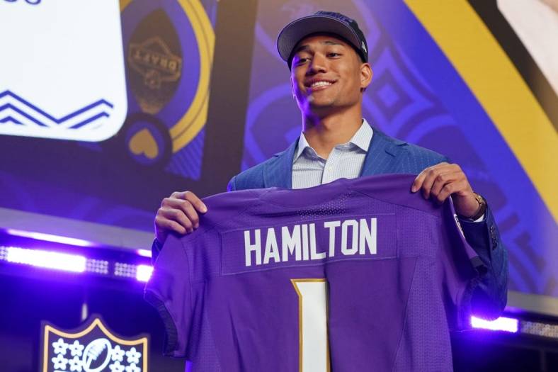 Apr 28, 2022; Las Vegas, NV, USA; Notre Dame safety Kyle Hamilton after being selected as the fourteenth overall pick to the Baltimore Ravens during the first round of the 2022 NFL Draft at the NFL Draft Theater. Mandatory Credit: Kirby Lee-USA TODAY Sports