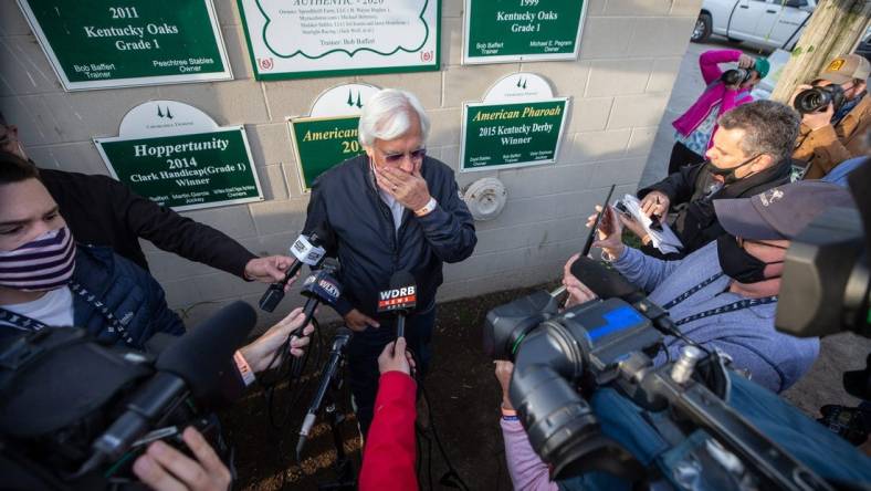 Bob Baffert talks with the media on the morning after winning the Kentucky Derby with Medina Spirit.
 Pat McDonogh/Courier Journal
Medina Spirit's trainer Bob Baffert talks with the media the morning after winning the Kentucky Derby with Medina Spirit. One week later it was announced that the horse tested positive for an abundance of an anti-inflammatory drug following the race. April 26, 2021

Aj4t9233