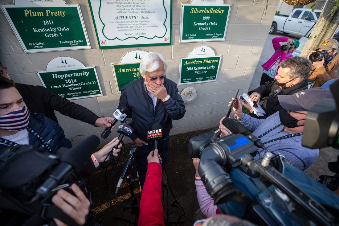 Bob Baffert talks with the media on the morning after winning the Kentucky Derby with Medina Spirit.
 Pat McDonogh/Courier Journal
Medina Spirit's trainer Bob Baffert talks with the media the morning after winning the Kentucky Derby with Medina Spirit. One week later it was announced that the horse tested positive for an abundance of an anti-inflammatory drug following the race. April 26, 2021

Aj4t9233