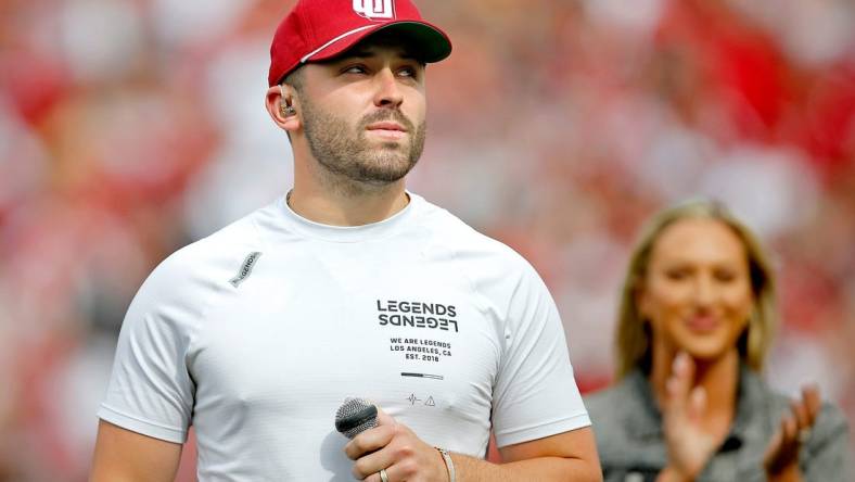 Former OU quarterback Baker Mayfield speaks to the crowd at Owen Field on April 23 in Norman.cover small