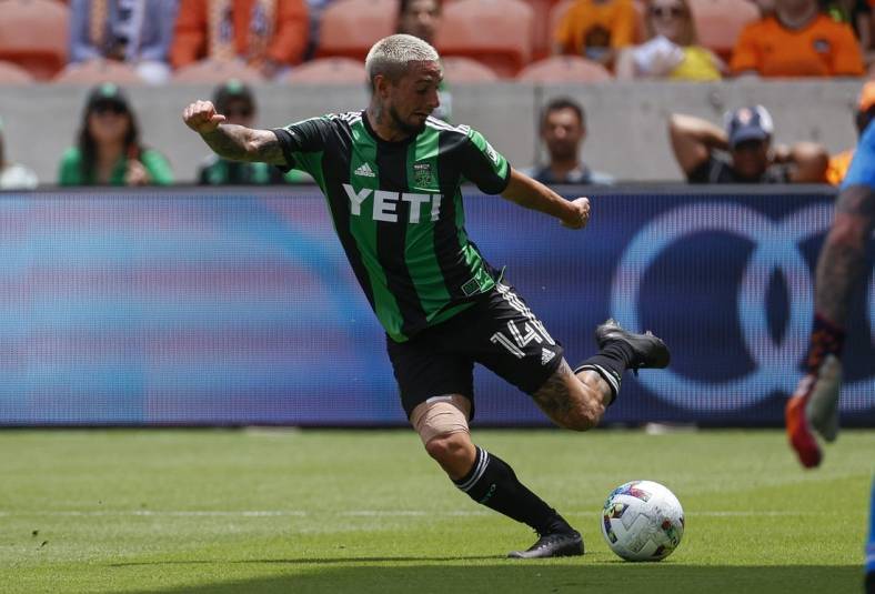 Apr 30, 2022; Houston, Texas, USA; Austin FC forward Diego Fagundez (14) in action during the match against the Houston Dynamo FC at PNC Stadium. Mandatory Credit: Troy Taormina-USA TODAY Sports