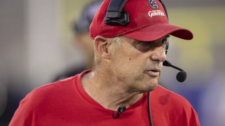 May 1, 2022; Birmingham, AL, USA; New Jersey Generals head coach Mike Riley works with his team during the first half at Protective Park. Mandatory Credit: Vasha Hunt-USA TODAY Sports