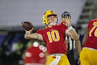 May 1, 2022; Birmingham, AL, USA; Philadelphia Stars quarterback Case Cookus (10) throws a long completion against the New Jersey Generals during the first half at Protective Park. Mandatory Credit: Vasha Hunt-USA TODAY Sports