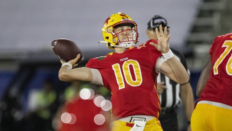 May 1, 2022; Birmingham, AL, USA; Philadelphia Stars quarterback Case Cookus (10) throws a long completion against the New Jersey Generals during the first half at Protective Park. Mandatory Credit: Vasha Hunt-USA TODAY Sports