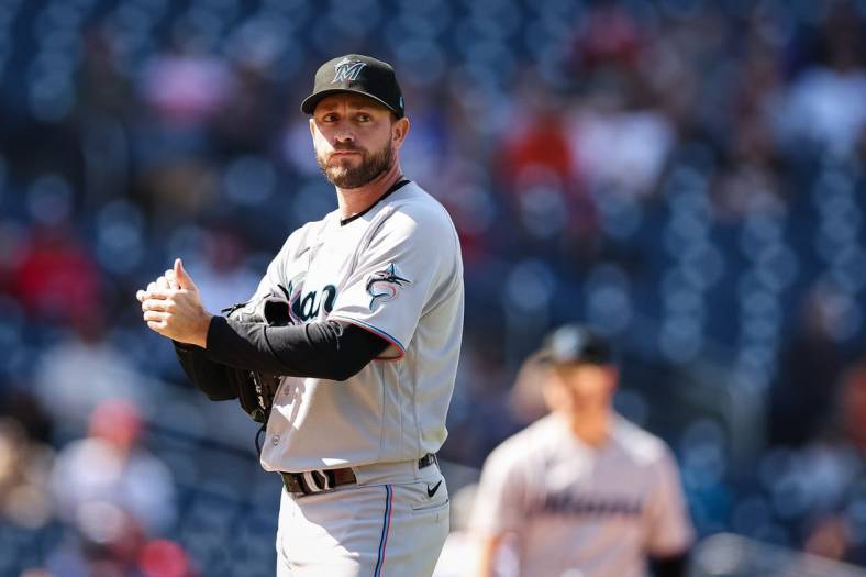Apr 28, 2022; Washington, District of Columbia, USA; Miami Marlins relief pitcher Cole Sulser (31) looks on against the Washington Nationals at Nationals Park. Mandatory Credit: Scott Taetsch-USA TODAY Sports