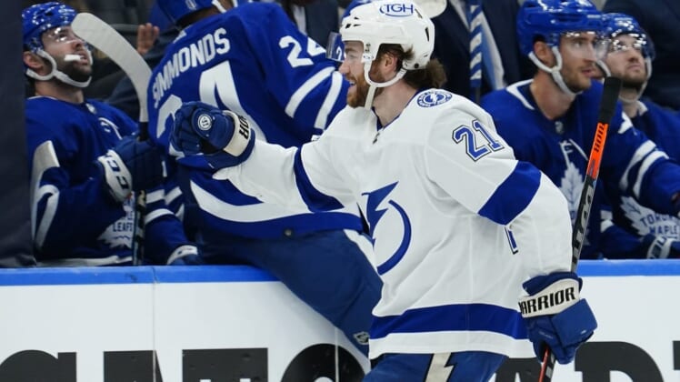 May 4, 2022; Toronto, Ontario, CAN; Tampa Bay Lightning forward Brayden Point (21) reacts after scoring against the Toronto Maple Leafs during game two of the first round of the 2022 Stanley Cup Playoffs at Scotiabank Arena. Mandatory Credit: John E. Sokolowski-USA TODAY Sports