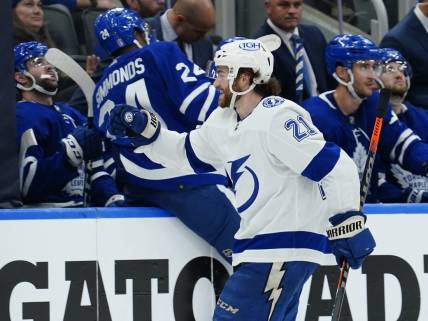 May 4, 2022; Toronto, Ontario, CAN; Tampa Bay Lightning forward Brayden Point (21) reacts after scoring against the Toronto Maple Leafs during game two of the first round of the 2022 Stanley Cup Playoffs at Scotiabank Arena. Mandatory Credit: John E. Sokolowski-USA TODAY Sports