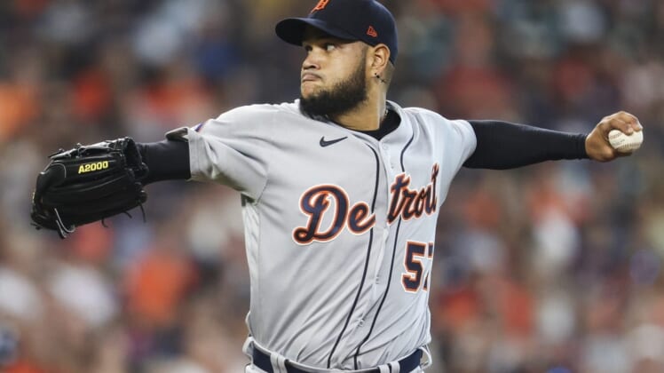 May 7, 2022; Houston, Texas, USA;  Detroit Tigers starting pitcher Eduardo Rodriguez (57) pitches against the Houston Astros in the first inning at Minute Maid Park. Mandatory Credit: Thomas Shea-USA TODAY Sports