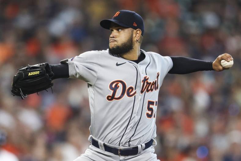 May 7, 2022; Houston, Texas, USA;  Detroit Tigers starting pitcher Eduardo Rodriguez (57) pitches against the Houston Astros in the first inning at Minute Maid Park. Mandatory Credit: Thomas Shea-USA TODAY Sports