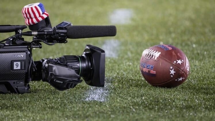 May 7, 2022; Birmingham, AL, USA; Fox cameras capture the USFL football and its logo during the second half at Protective Stadium. Mandatory Credit: Vasha Hunt-USA TODAY Sports