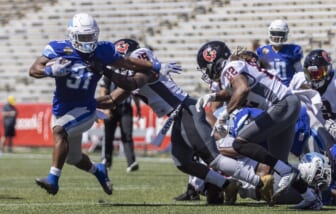 May 8, 2022; Birmingham, AL, USA; New Orleans Breakers running back Jordan Ellis (31) runs for a touchdown against the Houston Gamblers during the first half at Protective Stadium. Mandatory Credit: Vasha Hunt-USA TODAY Sports