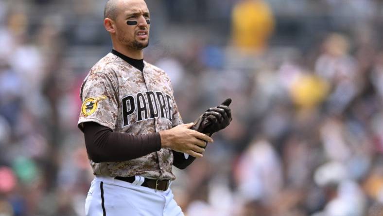 May 8, 2022; San Diego, California, USA; San Diego Padres right fielder Trayce Thompson (43) looks on after striking out to end the second inning against the Miami Marlins at Petco Park. Mandatory Credit: Orlando Ramirez-USA TODAY Sports