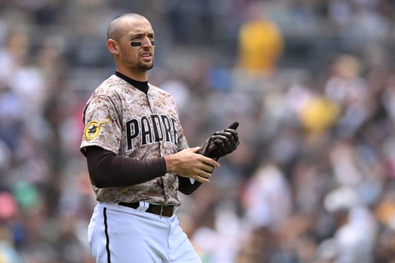 May 8, 2022; San Diego, California, USA; San Diego Padres right fielder Trayce Thompson (43) looks on after striking out to end the second inning against the Miami Marlins at Petco Park. Mandatory Credit: Orlando Ramirez-USA TODAY Sports