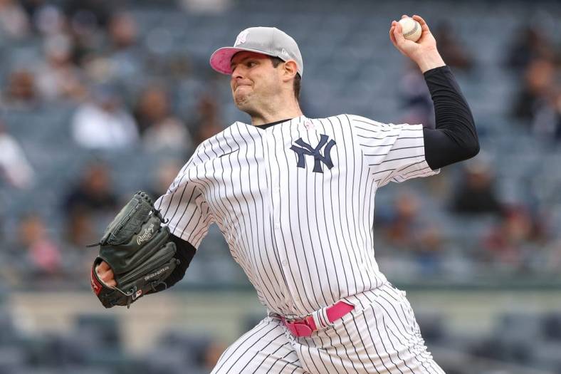 May 8, 2022; Bronx, New York, USA; New York Yankees starting pitcher Jordan Montgomery (47) delivers a pitch against the Texas Rangers during the first inning at Yankee Stadium. Mandatory Credit: Vincent Carchietta-USA TODAY Sports
