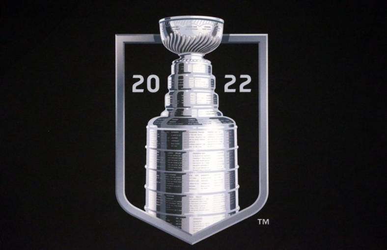 May 9, 2022; Pittsburgh, Pennsylvania, USA;   The Stanley Cup logo is seen before the Pittsburgh Penguins host the New York Rangers in game four of the first round of the 2022 Stanley Cup Playoffs at PPG Paints Arena. Mandatory Credit: Charles LeClaire-USA TODAY Sports