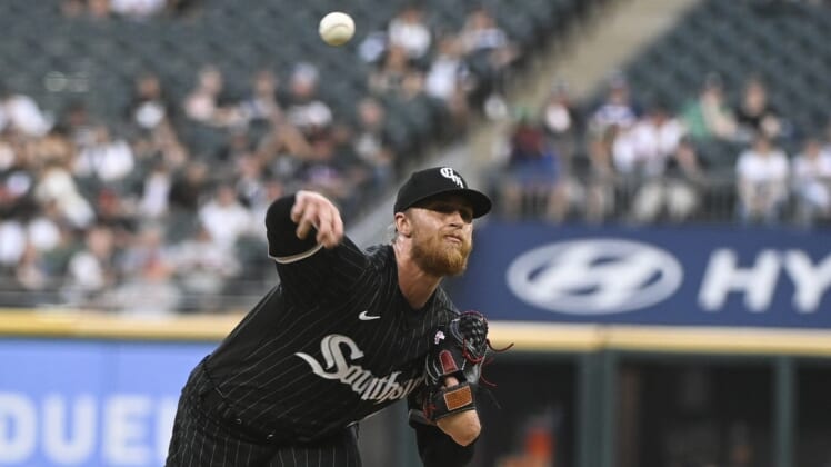 May 9, 2022; Chicago, Illinois, USA; Chicago White Sox starting pitcher Michael Kopech (34) delivers during the first inning aghast the Cleveland Guardians at Guaranteed Rate Field. Mandatory Credit: Matt Marton-USA TODAY Sports