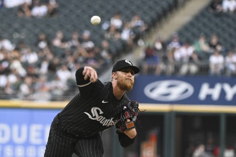 May 9, 2022; Chicago, Illinois, USA; Chicago White Sox starting pitcher Michael Kopech (34) delivers during the first inning aghast the Cleveland Guardians at Guaranteed Rate Field. Mandatory Credit: Matt Marton-USA TODAY Sports
