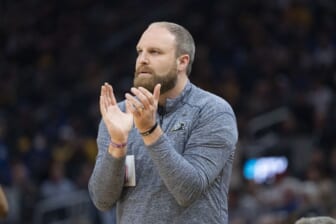 May 9, 2022; San Francisco, California, USA; Memphis Grizzlies head coach Taylor Jenkins claps after the game during the second quarter of game four of the second round for the 2022 NBA playoffs at Chase Center. Mandatory Credit: Kyle Terada-USA TODAY Sports