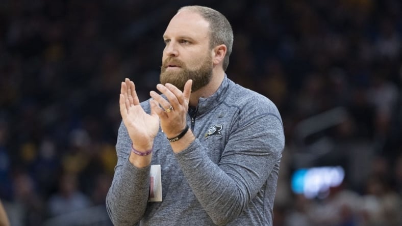 May 9, 2022; San Francisco, California, USA; Memphis Grizzlies head coach Taylor Jenkins claps after the game during the second quarter of game four of the second round for the 2022 NBA playoffs at Chase Center. Mandatory Credit: Kyle Terada-USA TODAY Sports