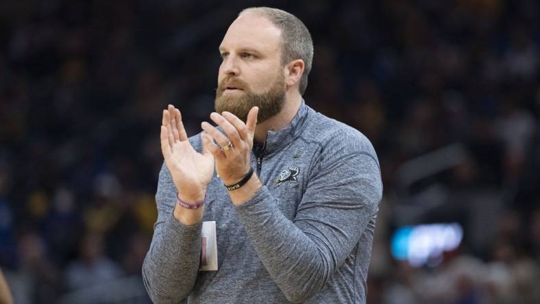 May 9, 2022; San Francisco, California, USA; Memphis Grizzlies head coach Taylor Jenkins claps after the game during the second quarter of game four of the second round for the 2022 NBA playoffs at Chase Center. Mandatory Credit: Kyle Terada-USA TODAY Sports