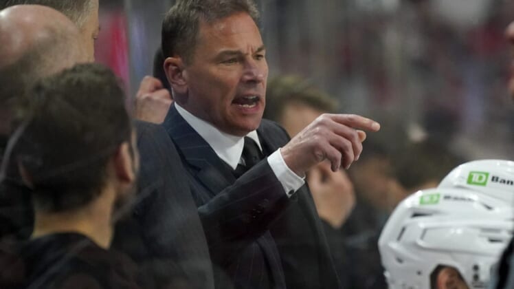 May 10, 2022; Raleigh, North Carolina, USA; Boston Bruins head coach Bruce Cassidy reacts against the Carolina Hurricanes during the third period in game five of the first round of the 2022 Stanley Cup Playoffs at PNC Arena. Mandatory Credit: James Guillory-USA TODAY Sports