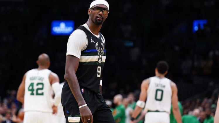 May 11, 2022; Boston, Massachusetts, USA; Milwaukee Bucks center Bobby Portis (9) reacts to the crowd as they take on the Boston Celtics in the second half during game five of the second round for the 2022 NBA playoffs at TD Garden. Mandatory Credit: David Butler II-USA TODAY Sports